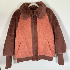 UGG Augusta Sherpa Baseball jacket oversized collar rib cuffs brown pink sz M